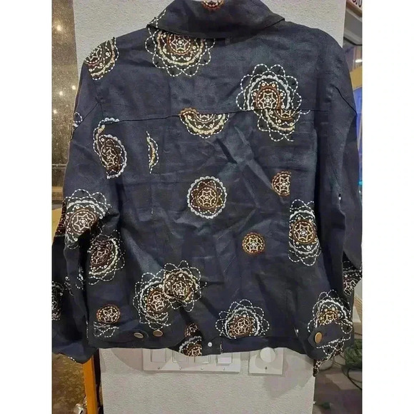 Mandarin Blue Women's Embroidered Black Linen Jacket 1X Button-Up Boho Artsy - Picture 11 of 11